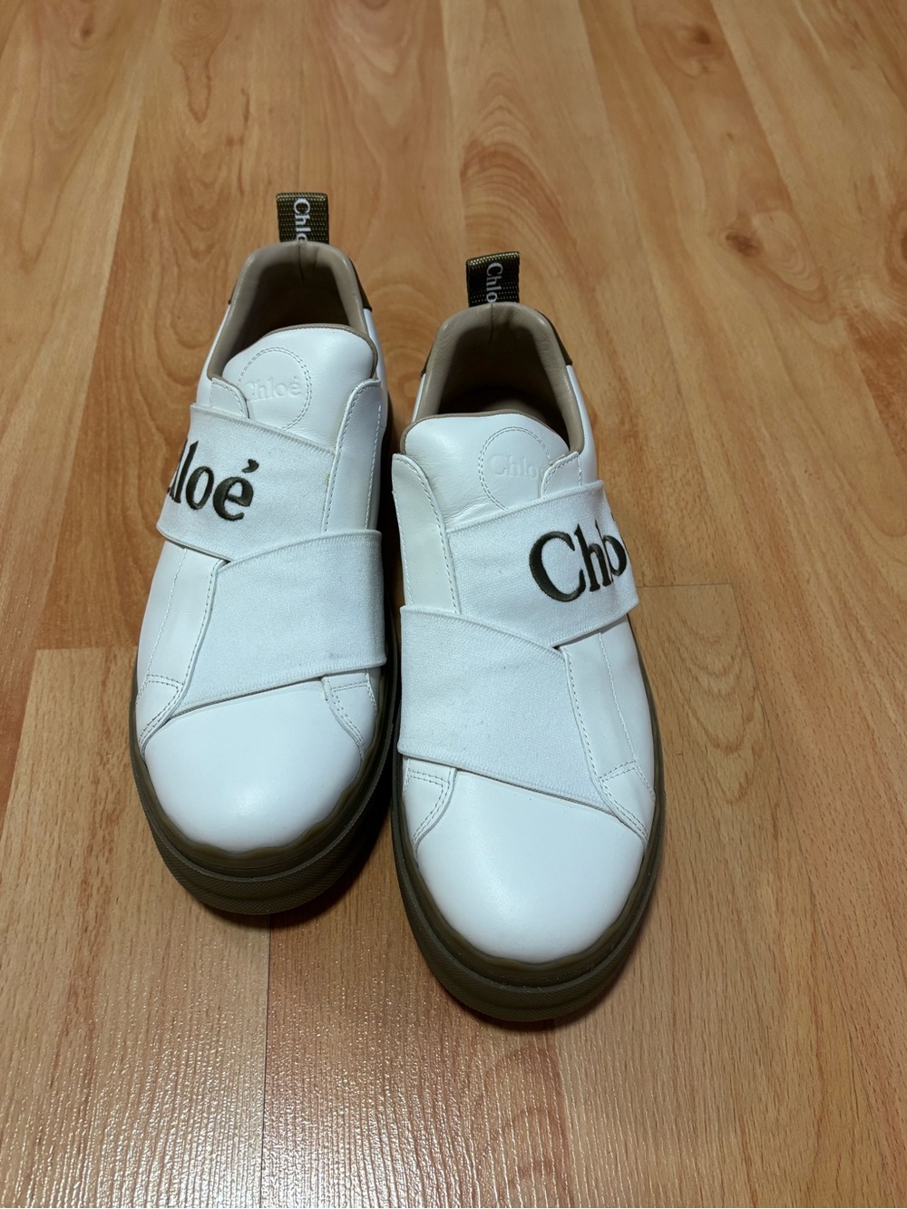 Chloé White Slip-On Sneakers with tan Trim LIKE NEW.